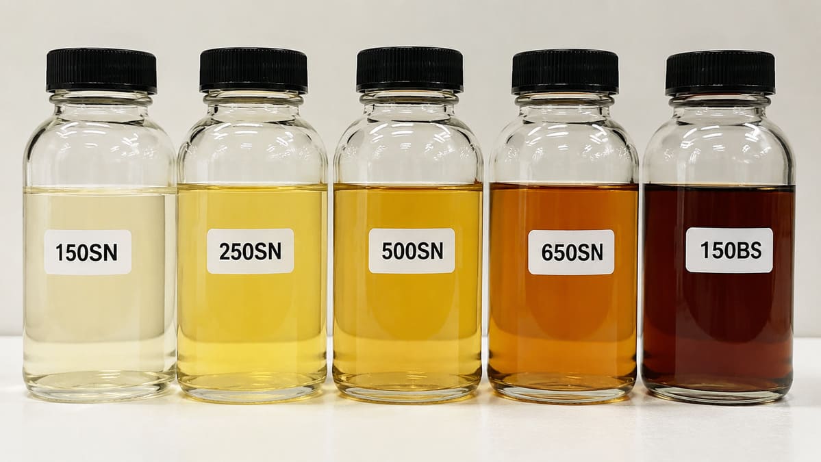 Sinolook Group I base oil product range — SN150, SN250, SN500, SN650 and BS150 Bright Stock samples