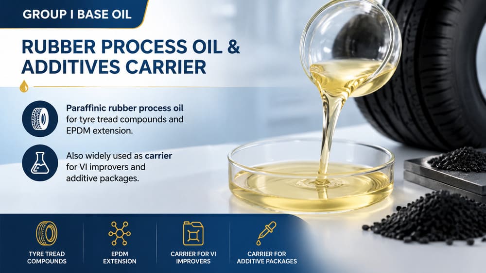 Group I base oil as paraffinic rubber process oil for tyre tread compounds and EPDM extension oil