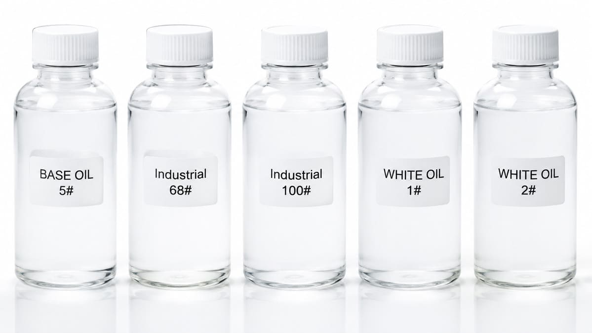 Sinolook white oil product range — BASE OIL 5#, Industrial 68#, 100#, WHITE OIL 1# and 2#