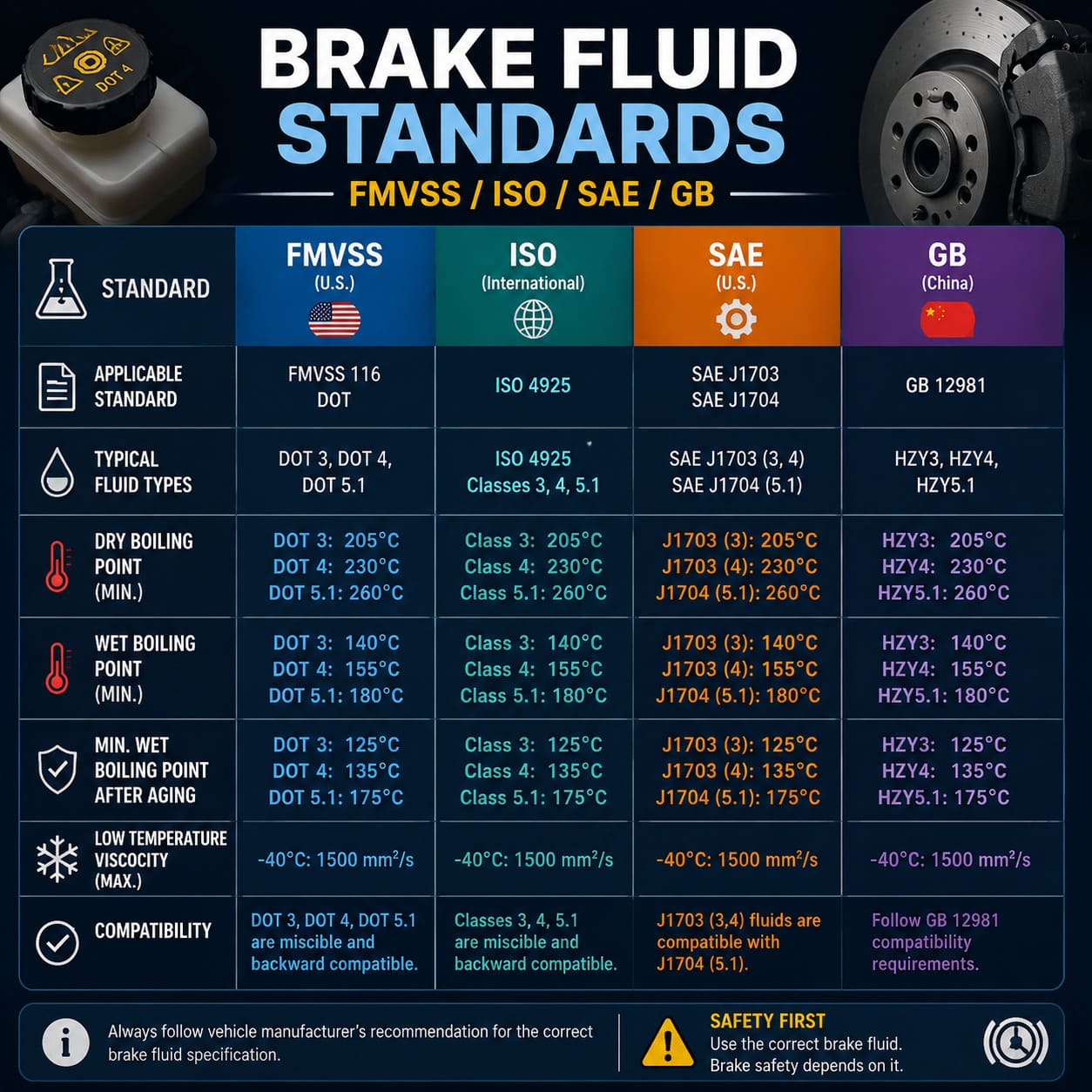 Brake fluid standards — FMVSS 116, ISO 4925, SAE J1703 and GB 12981 explained