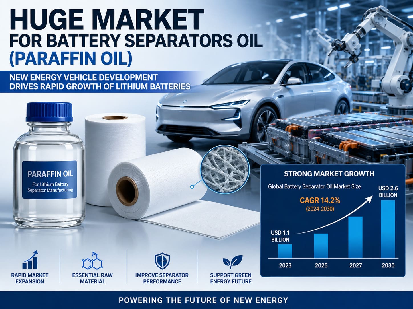 Battery separator oil (paraffin oil) demand rising as new energy vehicles drive rapid growth of lithium batteries in China.