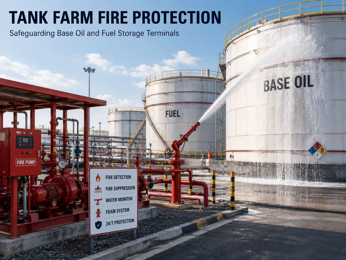 Fire protection at a petrochemical tank farm storing base oil and fuel, with foam-water fire monitors
